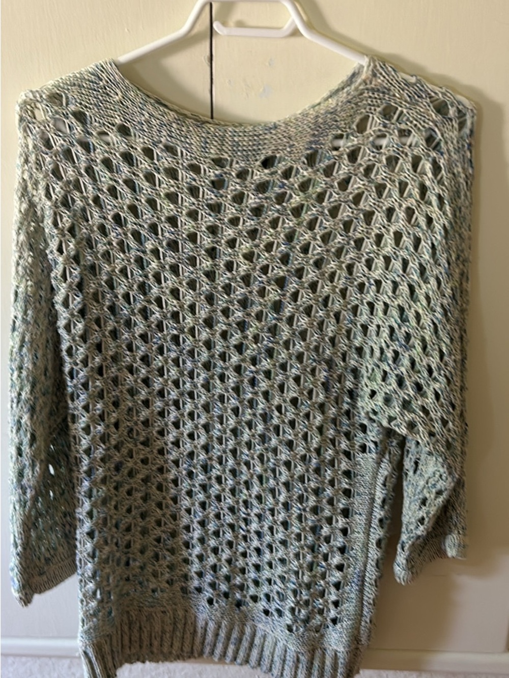 Open-Weave Crewneck Sweater in Sage Green